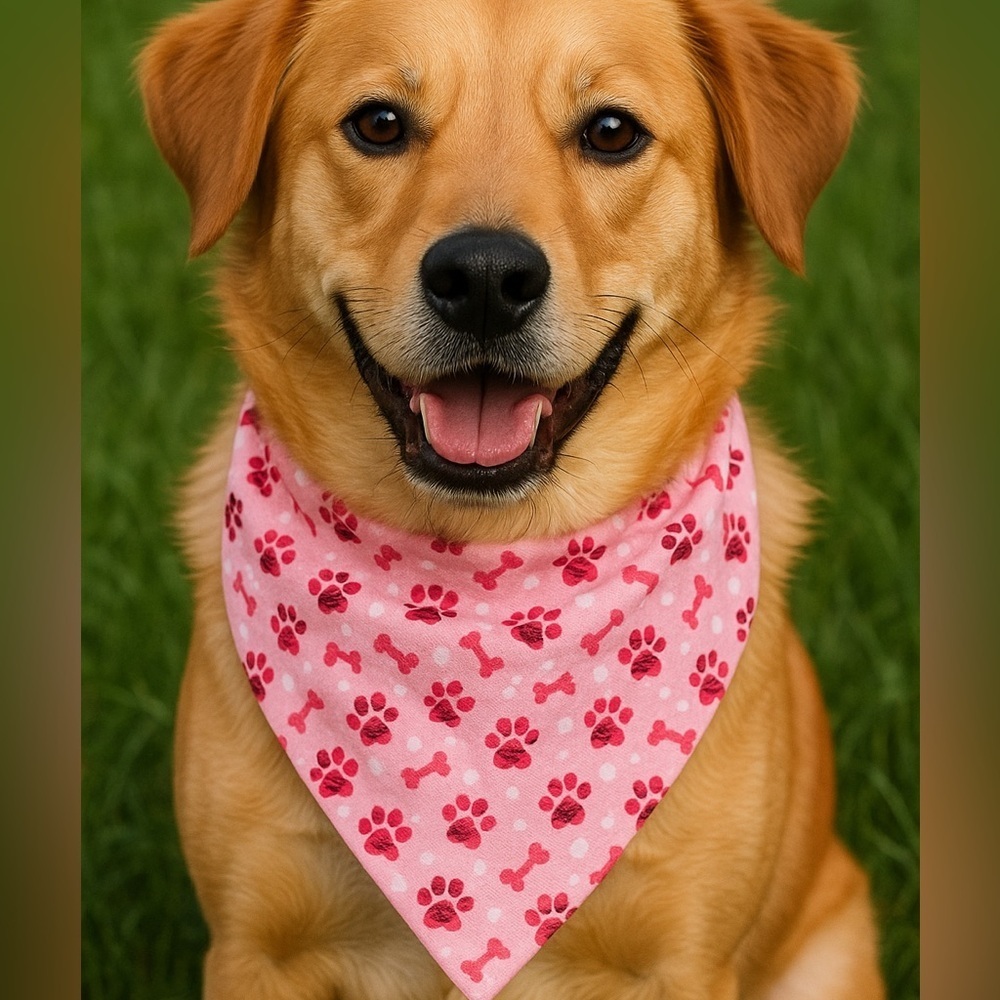 Handmade Pink Dog Bandana with Scrunchi Paw Print Design